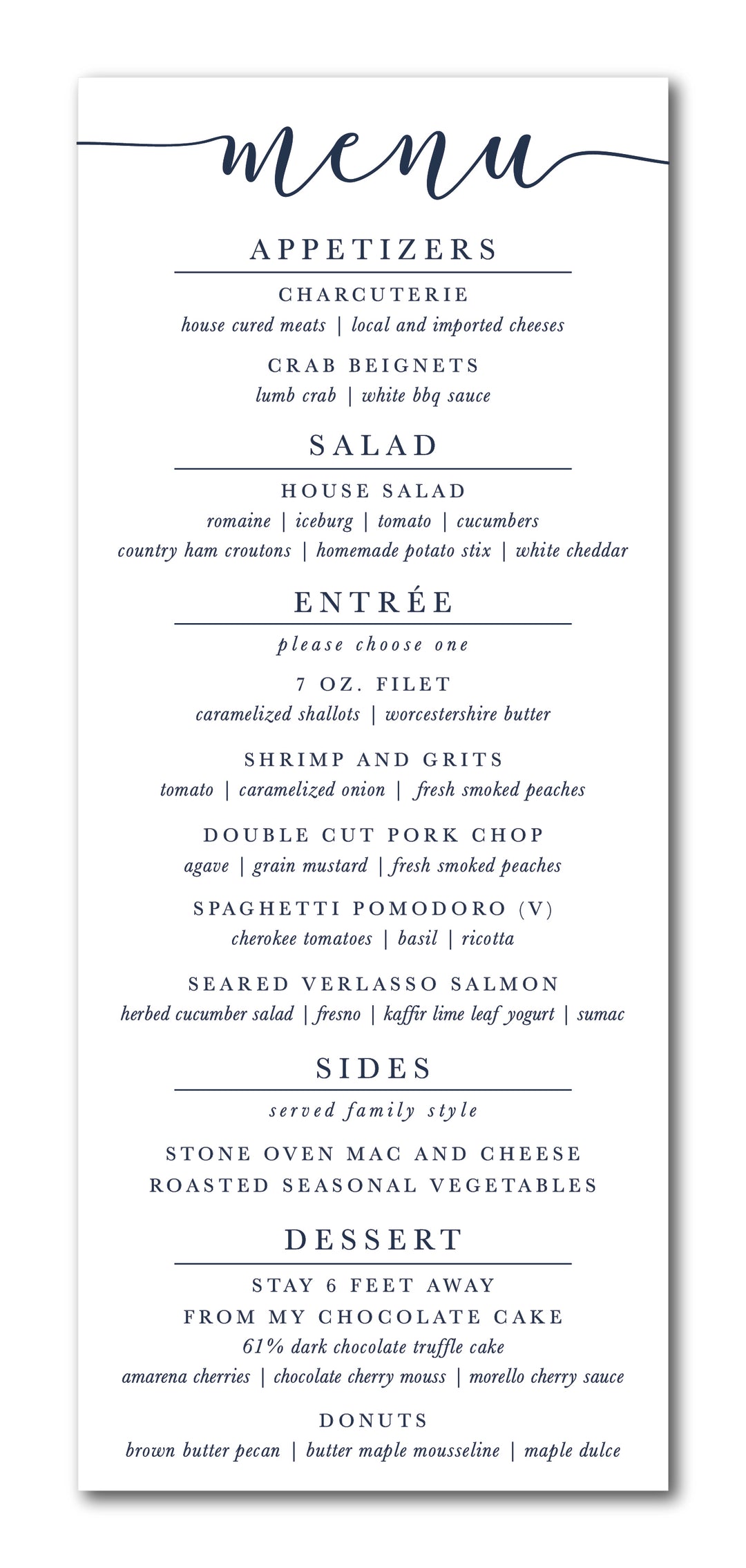 The Lynn Menu Card