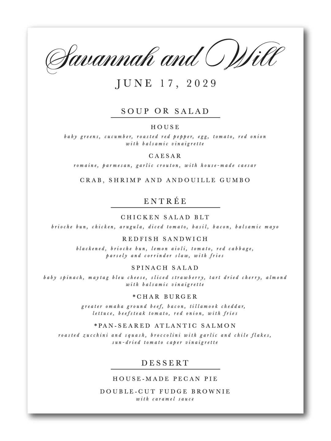The Savannah Menu Card