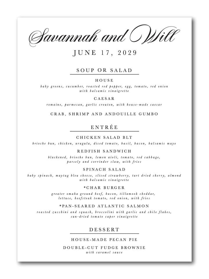 The Savannah Menu Card
