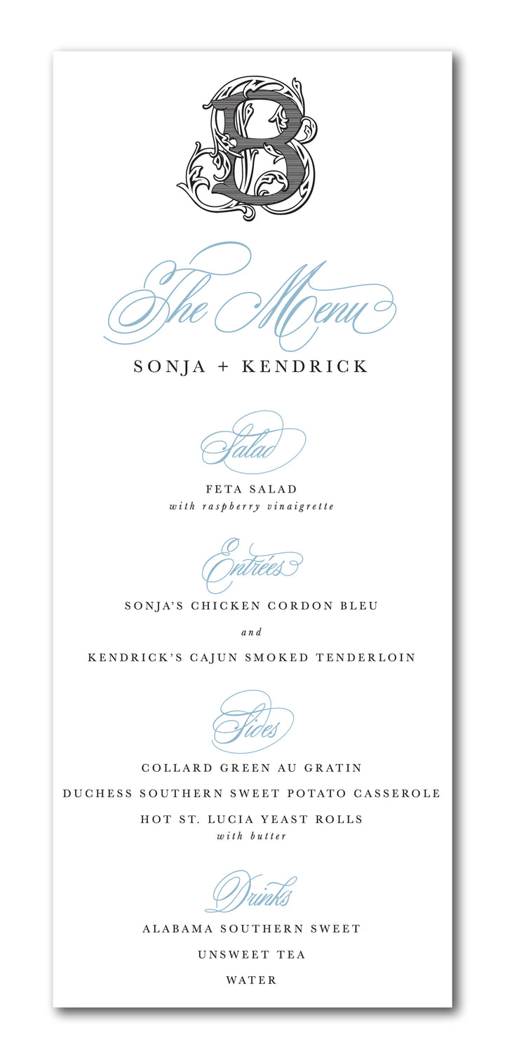 The Vintage Vine Single Initial II Menu Card